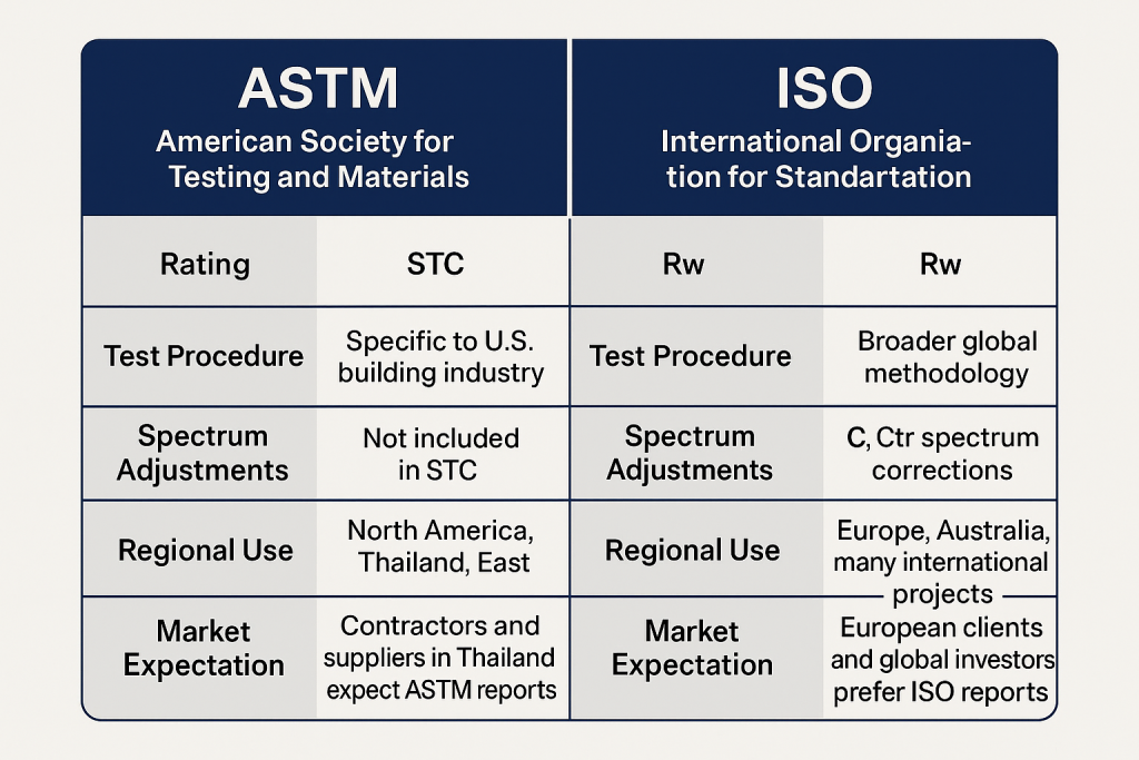 Comparison chart of ASTM vs ISO transmission loss standards, showing ASTM with STC and U.S.-specific use, and ISO with Rw rating, global methodology, and spectrum corrections.