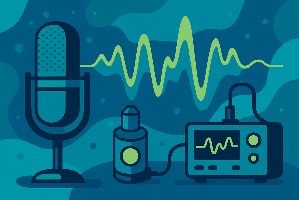 Abstract illustration of sound level meter and calibration equipment with sound waves