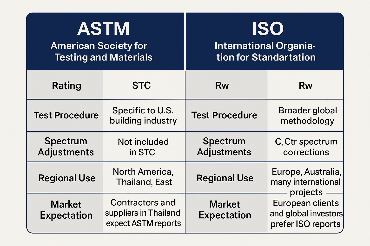 Comparison chart of ASTM vs ISO transmission loss standards, showing ASTM with STC and ISO with Rw and spectrum corrections.